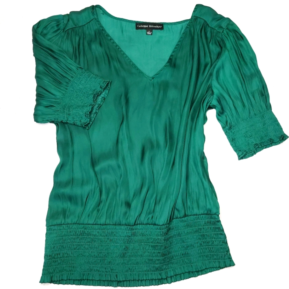 CATHERINE MALANDRINO satin, emerald green, smocking blouse. Size L